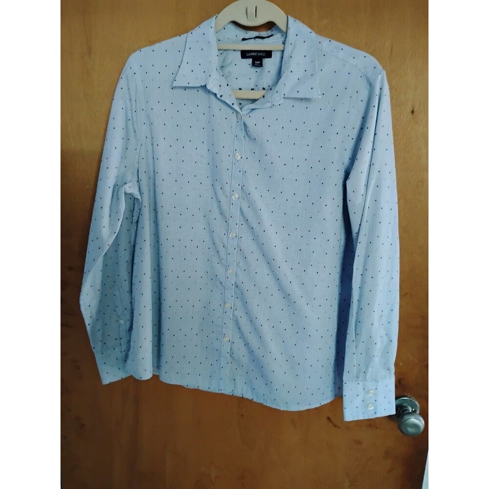 Lands End Light Blue Tiny Embroidery Polka Dot No Iron Work Cozy Shirt Size 14P